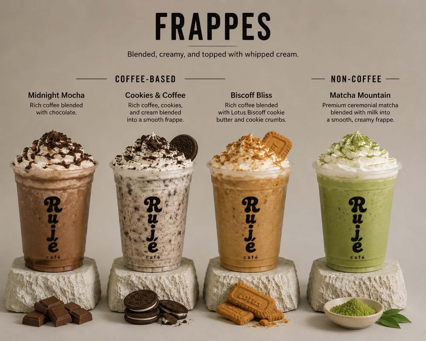 Ruje Café's Frappes menu card: Midnight Mocha, Cookies and Coffee, Biscoff Bliss, and Matcha Mountain, blended and topped with whipped cream