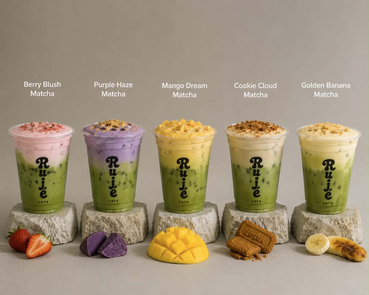 The five Matcha Clouds drinks lined up: Berry Blush, Purple Haze, Mango Dream, Cookie Cloud, and Golden Banana