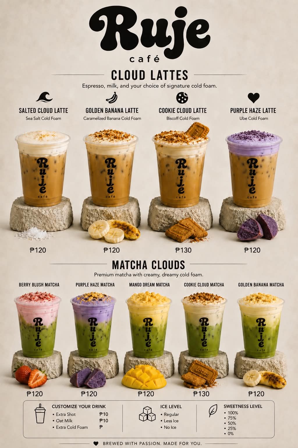 Ruje Café menu card with prices: Cloud Lattes and Matcha Clouds, ₱120 to ₱130, with drink customizations