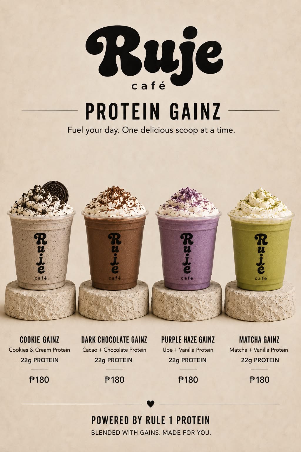 Ruje Café Protein Gainz menu card: Cookie, Dark Chocolate, Purple Haze and Matcha Gainz, 22g protein each, ₱180